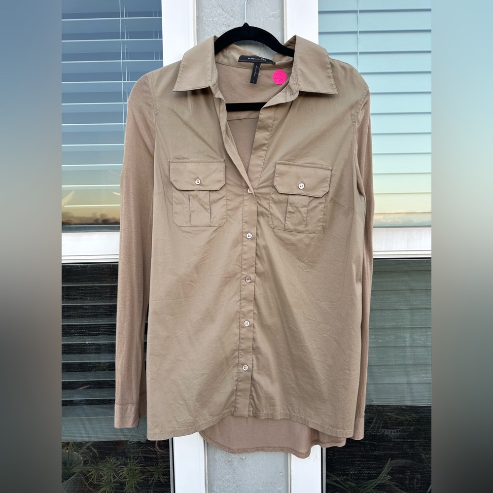 BCBGMaxAzaria Khaki Tan Button Down Rolltab Shirt